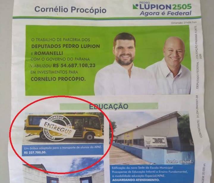 Jornal de campanha mente ao falar de ônibus adaptado e “ENTREGUE” para a APAE de Cornélio Procópio