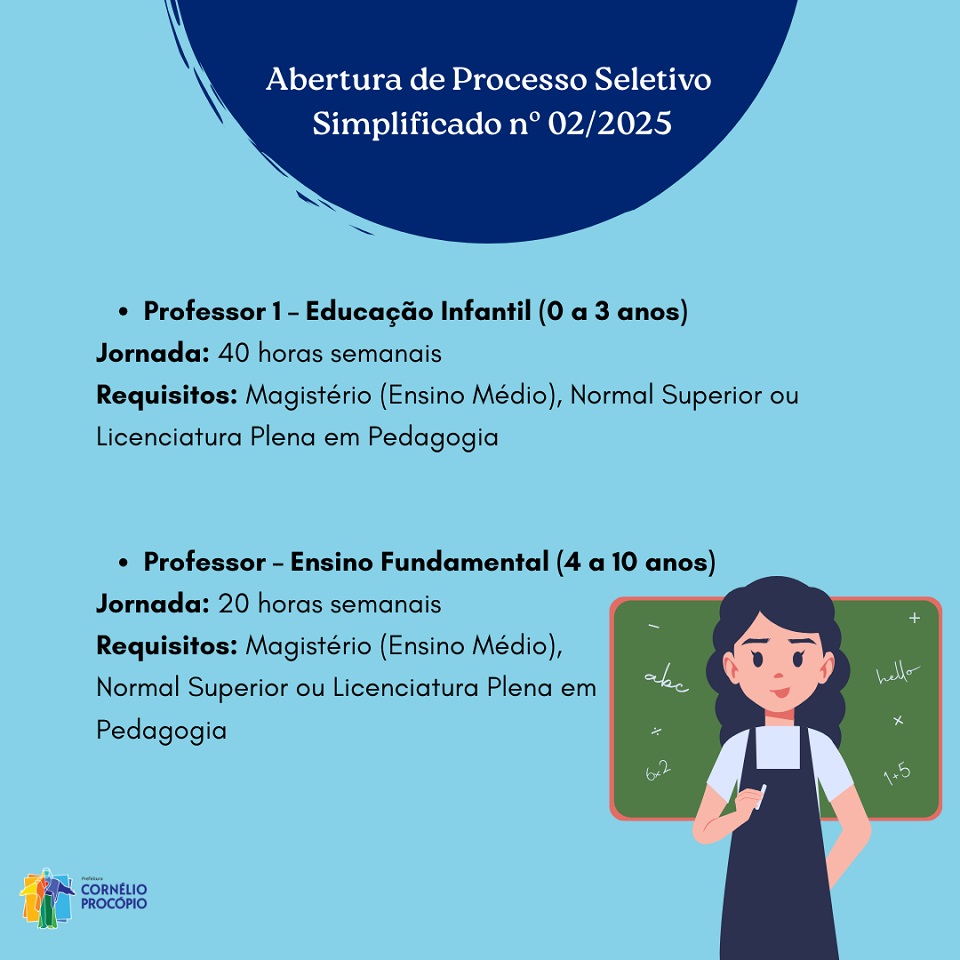 Prefeitura de Cornélio Procópio abre Processo Seletivo Simplificado para contratação de professores